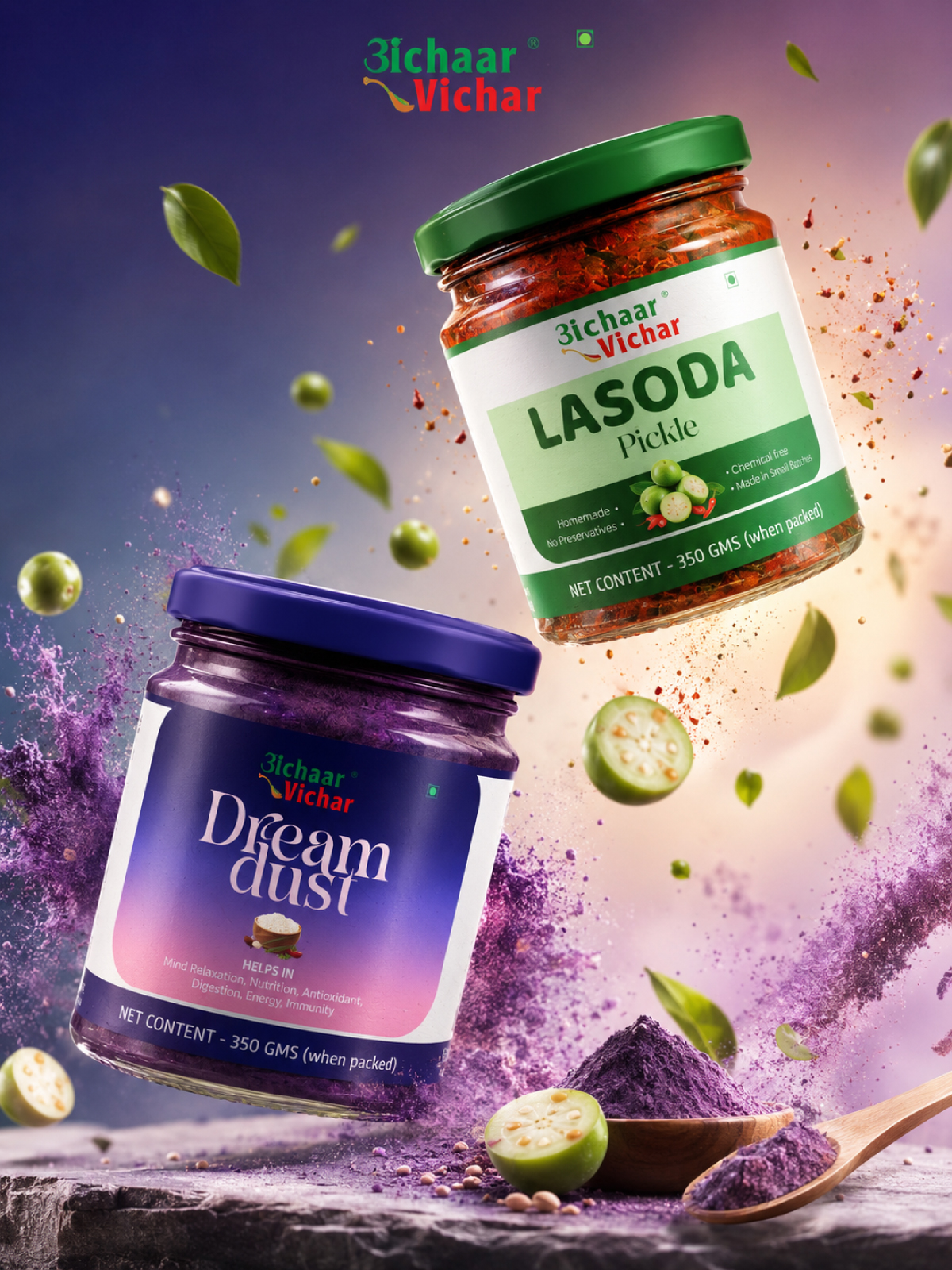 Achaar Vichar Lasoda pickle and Dream Dust jar labels