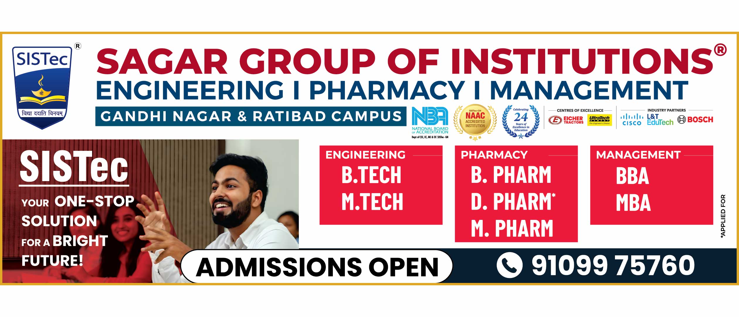 SISTec admissions hoarding for Sagar Group of Institutions